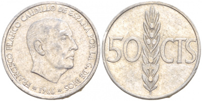 ИСПАНИЯ 50 СЕНТИМО 1966 (67) ФРАНСИСКО ФРАНКО ДИКТАТОР ИСПАНИИ (1939-1975) KM 795 алюминий 29-851