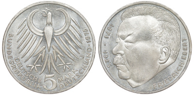 ФРГ 5 марок 1975 J, 50 лет со дня смерти Фридриха Эберта J. 416, KM 141 серебро UNC 4178-911