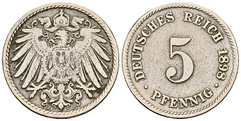 Германия 5 пфеннигов 1897 J, KM 11, Jager 12, Weege 6 медно-никель 220-741
