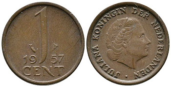 Нидерланды 1 цент 1957 Юлиана (1949-1980) KM 180 бронза 39-1265