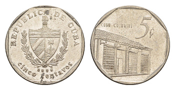 Куба 5 сентаво 1996 Casa Colonial KM 575.2, Schoen 713, JMA MC19 сталь плакированная никелем 4644-716