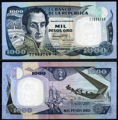 Колумбия 1000 песо 1990 El Banco de la Republica, портрет Симона Боливара, памятник героям Пантано-де-Варгас Pick 432 бумага UNC (пресс)   447-19-1
