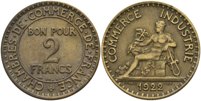 Франция 2 франка 1922 Третья республика (1871-1940) KM 877, Le Franc 267.7 алюминиевая бронза 4144-243