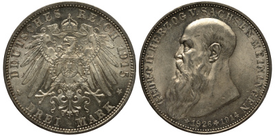 Саксен-Майнинген 3 марки 1915 D, на смерть Георга II, герцога Саксен-Мейнингена (1866-1914) Weege 151, J. 155, KM 207 серебро aUNC 00-817-14