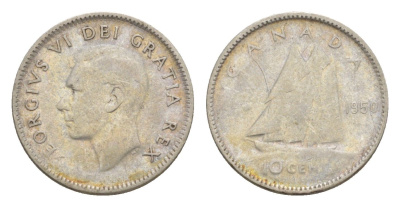 Канада 10 центов 1950 Георг VI (1936-1952), парусник KM 43 серебро 4639-555