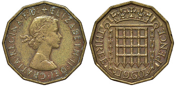 Великобритания 3 пенса 1960 Елизавета II (1952-2022) KM 900, Spink 4153 никель латунь 4122-934