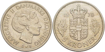 ДАНИЯ 5 КРОН 1978 S; B, МАРГРЕТЕ II (1972-) KM 863.1 медно-никель 38-521