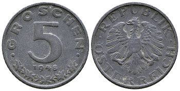 АВСТРИЯ 5 ГРОШЕЙ 1948 KM 2875 цинк 57-1111