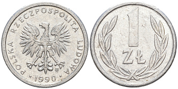ПОЛЬША 1 ЗЛОТЫЙ 1990 MW KM 49.3 алюминий UNC 187-941