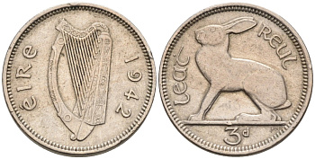 Ирландия 3 пенса 1942 заяц KM 12а медно-никель 92-221
