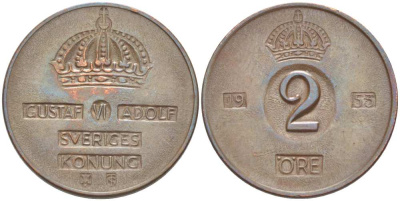 Швеция 2 эре 1955 TS, Густав VI Адольф (1950-1973) KM 821 бронза 4513-1247