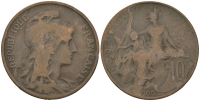 Франция 10 сантимов 1900 тип Даниэль Дюпюи KM 843, LA FRANC 136.9 бронза 221-535