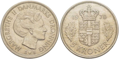 ДАНИЯ 5 КРОН 1978 S; B, МАРГРЕТЕ II (1972-) KM 863.1 медно-никель 38-521