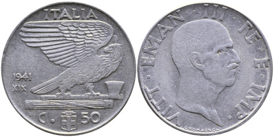 ИТАЛИЯ 50 ЧЕНТЕЗИМО 1941 R, ВИКТОР ИМАНУИЛ, XIX ГОД KM 76b сталь 4384-232