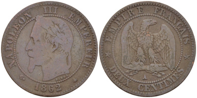 ФРАНЦИЯ 2 САНТИМА 1862 А, НАПОЛЕОН III (1852-1870) KM 796.4 бронза 31-1037