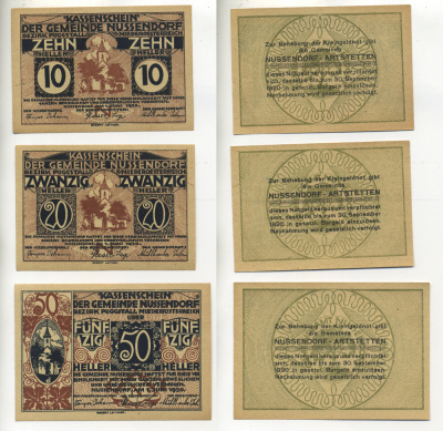 АВСТРИЯ НАБОР ИЗ 3 БАНКНОТ 1920 1 ИЮНЯ 1920-30 СЕНТЯБРЯ 1920, НОТГЕЛЬД, 10, 20, 50 ГЕЛЛЕРОВ, NUSSENDORF бумага aUNC 6278-34-3