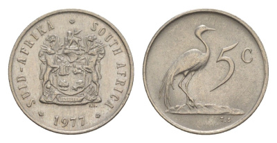 ЮАР 5 центов 1977 герб, райский журавль KM 84 никель UNC 4602-1244