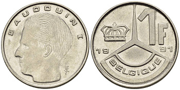 БЕЛЬГИЯ 1 ФРАНК 1991 BELGIQUE KM 170 сталь плакированная никелем 4528-1041