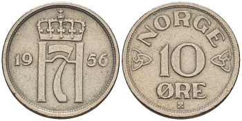 НОРВЕГИЯ 10 ЭРЕ 1956 ХОКОН VII (1905-1957) KM 396 медно-никель 66-411