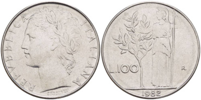 ИТАЛИЯ 100 ЛИР 1982 R, АФИНА У ОЛИВКОВОГО ДЕРЕВА KM 96.1 нержавеющая сталь 4545-723