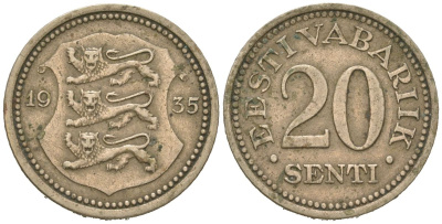 Эстония 20 центов 1935 Республика (1918-1941) KM 17 никель бронза 4615-1112