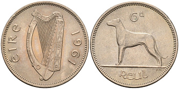 Ирландия 6 пенсов 1961 собака, ирландский волкодав KM 13а медно-никель UNC 4582-234