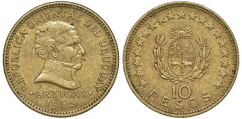 Уругвай 10 песо 1965 KM 48 алюминиевая бронза 69-743