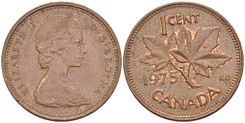 Канада 1 цент 1975 Елизавета II (1952-2022), кленовый лист KM 59.1 бронза 54-259