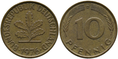 ФРГ 10 ПФЕННИГОВ 1976 D KM 108, J.383 сталь плакированная латунью 33-132