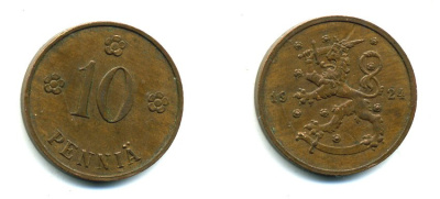Финляндия 10 пенни 1924 республика (1918-1962) KM 24 медь 46-2121