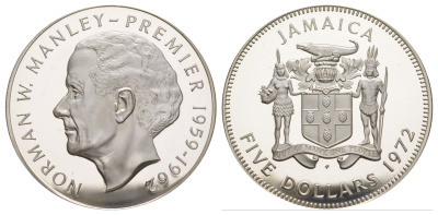 Ямайка 5 долларов 1972 Первый министр Ямайки - Норман Мэнли KM 59 серебро PROOF 1079-8-13