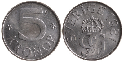 Швеция 5 крон 1981 U Карл XVI Густав (1973- ) KM 853 медно-никель UNC 84-1432