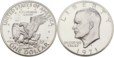 США 1 доллар 1971 S, Президент Эйзенхауэр, лунный орел KM 203a серебро PROOF 1095-5-44