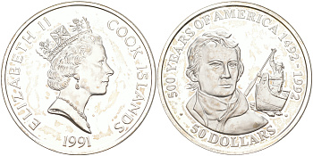 ОСТРОВА КУКА 50 ДОЛЛАРОВ 1991 500 ЛЕТ ОТКРЫТИЮ АМЕРИКИ, АЛЕКСАНДР МАККЕНЗИ, ФИГУРА НА КАНОЭ, ВЕС 31,1035 ГР. KM 141 серебро PROOF 1074-7-24