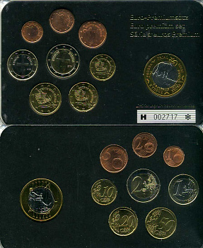 Кипр евронабор из 8 монет + 1 евро пробник 2008 2 евро юбилейные, в пластике  биметалл  UNC  1181-1-13