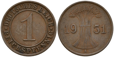 Германия 1 рейхспфенниг 1931 A KM 37, J. 313 бронза 192-961