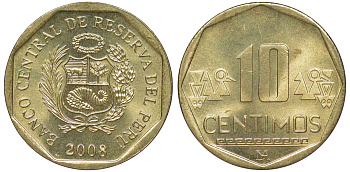 Перу 10 сентимо 2008 KM 305.4 латунь aUNC 4605-632