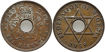 Нигерия 1 пенни 1959 Елизавета II (1952-), Британский протекторат KM 2 бронза 51-2457
