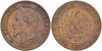 ФРАНЦИЯ 5 САНТИМОВ 1862 A, НАПОЛЕОН III (1852-1870) KM 797.1, LE FRANC 117.5 бронза 108-521