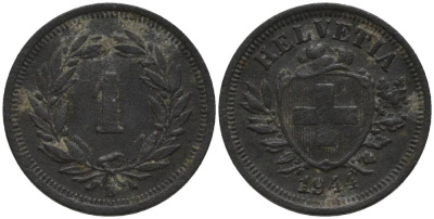 Швейцария 1 раппен 1944 KM 3а цинк 218-225