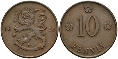 Финляндия 10 пенни 1920 республика (1918-1962) KM 24 медь 08-1047