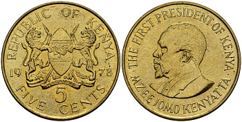 Кения 5 центов 1978 Джомо Кениата KM 10 никель латунь XF-UNC 4511-1141