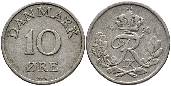 ДАНИЯ 10 ЭРЕ 1950 N; S, ФРЕДЕРИК IX (1947-1972) KM 841.1 медно-никель 4398-913