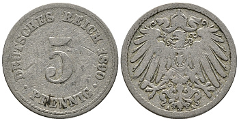 ГЕРМАНИЯ 5 ПФЕННИГОВ 1890 A KM 11, J. 12 медно-никель 39-633