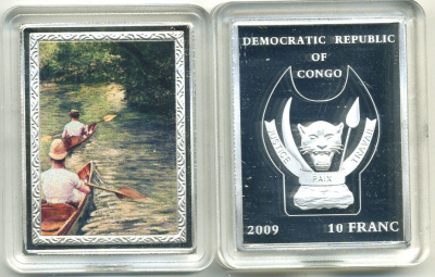 Конго 10 франков 2009 серия шедевры мировой живописи, ГУСТАВ КАЙЛЕБОТТ, КАЯКИ, серебрение, размер 35Х46 мм., цветная эмаль медно-никель PROOF M43-7
