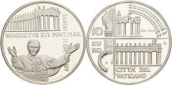 Ватикан 10 евро 2006 Бенедикт XVI, Джованни Лоренцо Бернини, колоннада собора Святого Петра, в оригинальной коробке, с сертификатом KM 384 серебро PROOF 7-1-44