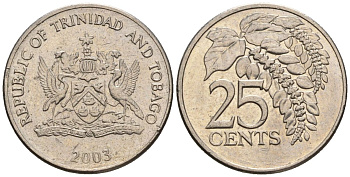 Тринидад и Тобаго 25 центов 2003 цветок дикая пуансеттия KM 32, Schoen 31 медно-никель 4118-344