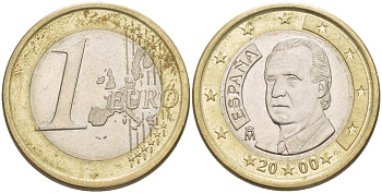 ИСПАНИЯ 1 ЕВРО 2000 ХУАН КАРЛОС I KM 1046 биметалл 4543-253