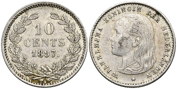 НИДЕРЛАНДЫ 10 ЦЕНТОВ 1897 ВИЛЬГЕЛЬМИНА I (1890-1948), ПРОБА 640 KM 116 серебро VF 4549-1037