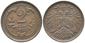 АВСТРИЯ 2 ГЕЛЛЕРА 1893 ФРАНЦ ИОСИФ (1848-1916) KM 2801 бронза 100-943